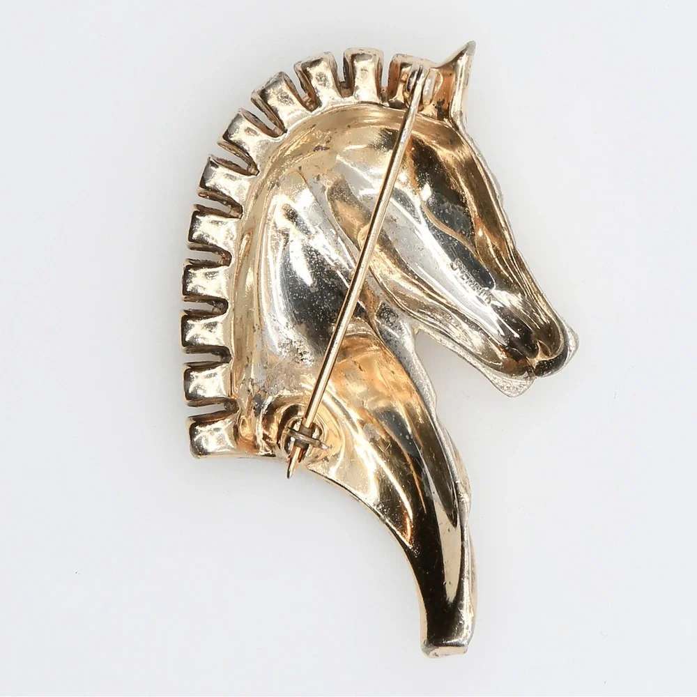 Vintage Sterling Silver Vermeil‎ Rhinestone Horse Head Equestrian Brooch 1940s